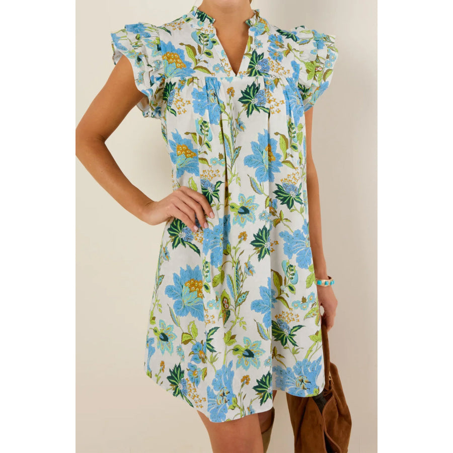 Beige Floral Print V Neck Triple Ruffle Short Sleeve Shift Mini Dress Beige / S / 55% Cotton + 45% Viscose Dresses/Floral Dresses
