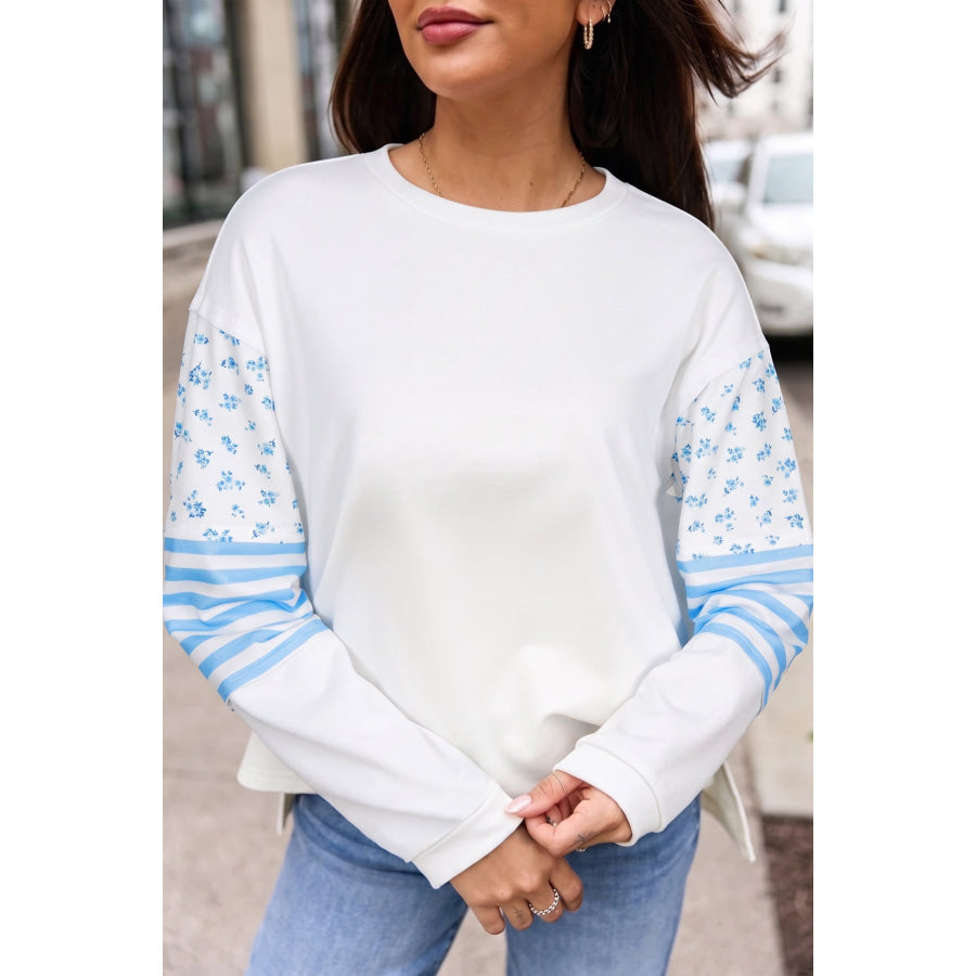 Beige Floral Striped Long Sleeve Contrasted Pullover Top / S Tops/Long Tops