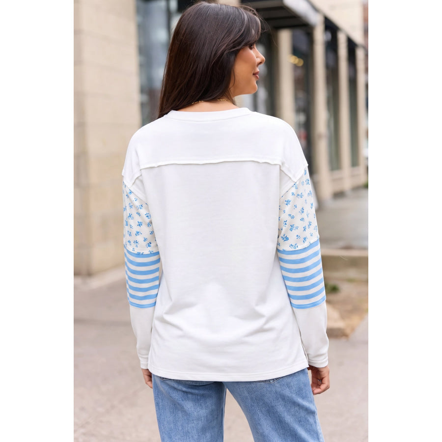 Beige Floral Striped Long Sleeve Contrasted Pullover Top / S Tops/Long Tops