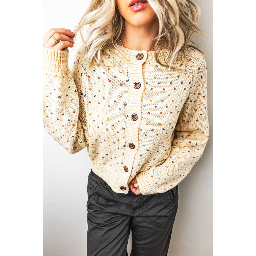 Beige Geometric Print Button Front Long Sleeve Regular Fit Cardigan Beige / S / 65% Acrylic + 35% Polyamide Sweaters & Cardigans/Cardigans