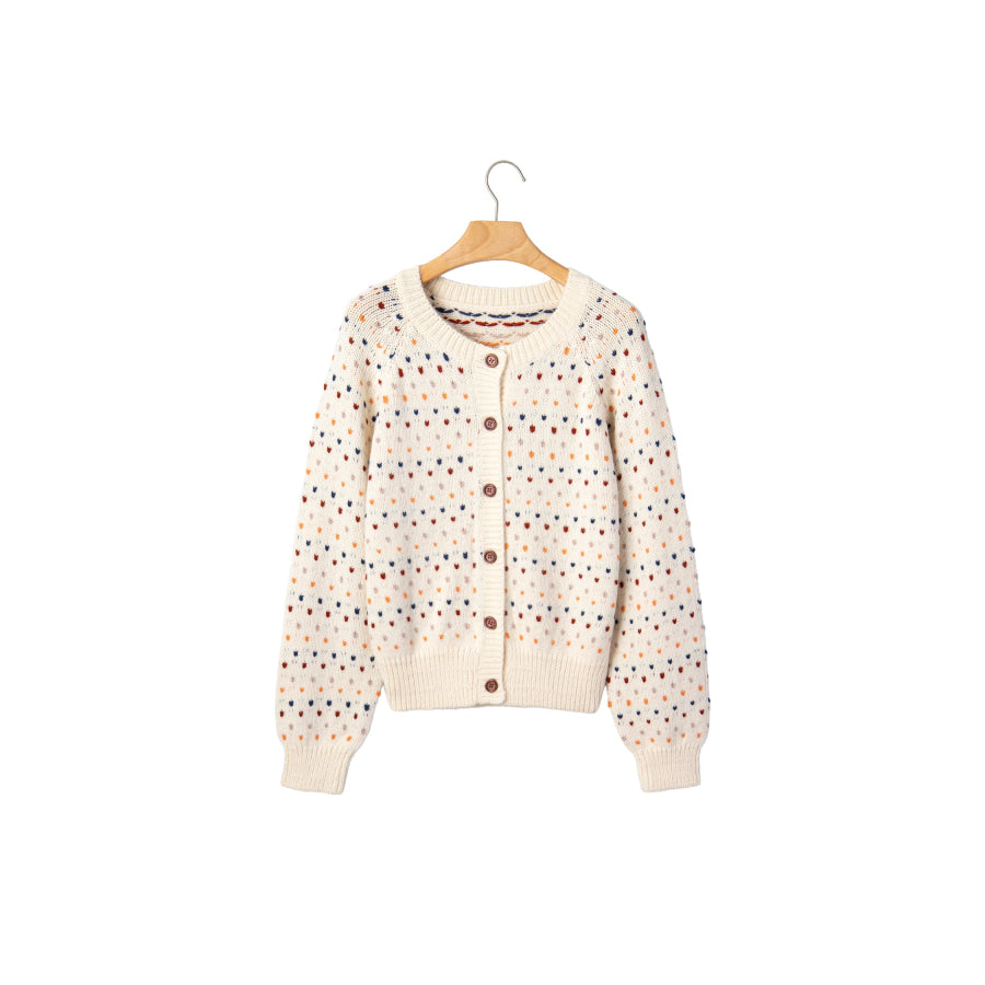 Beige Geometric Print Button Front Long Sleeve Regular Fit Cardigan Sweaters & Cardigans/Cardigans