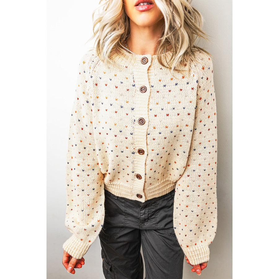 Beige Geometric Print Button Front Long Sleeve Regular Fit Cardigan Sweaters & Cardigans/Cardigans