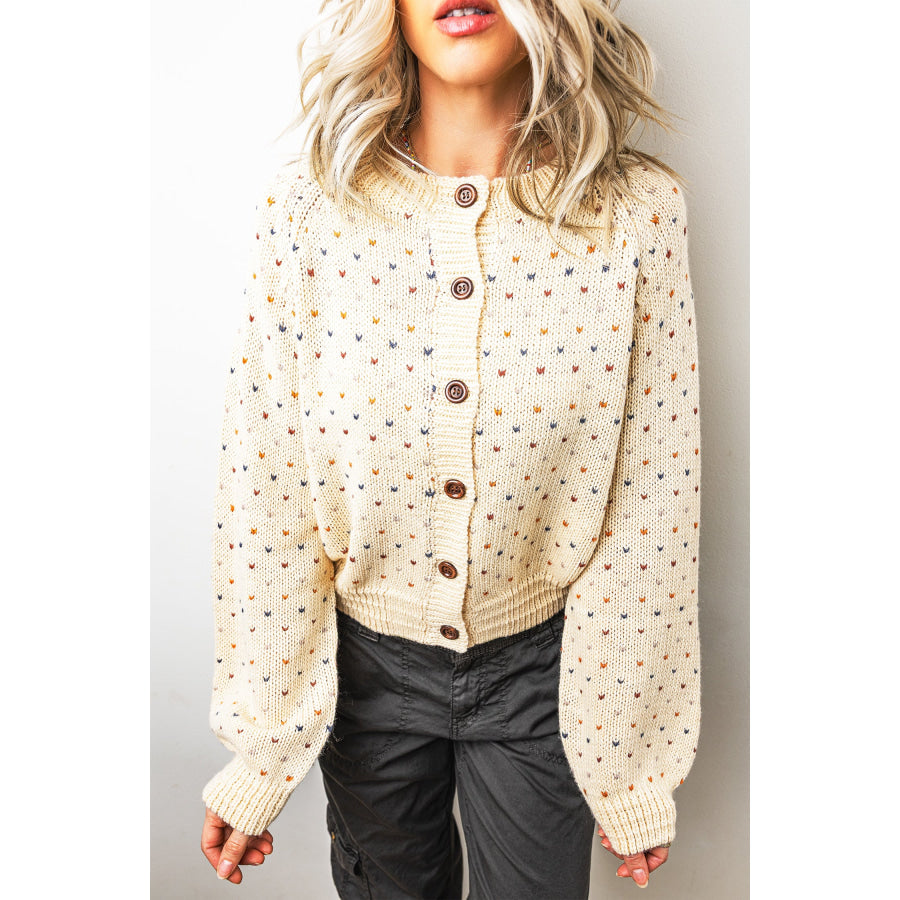 Beige Geometric Print Button Front Long Sleeve Regular Fit Cardigan Sweaters & Cardigans/Cardigans