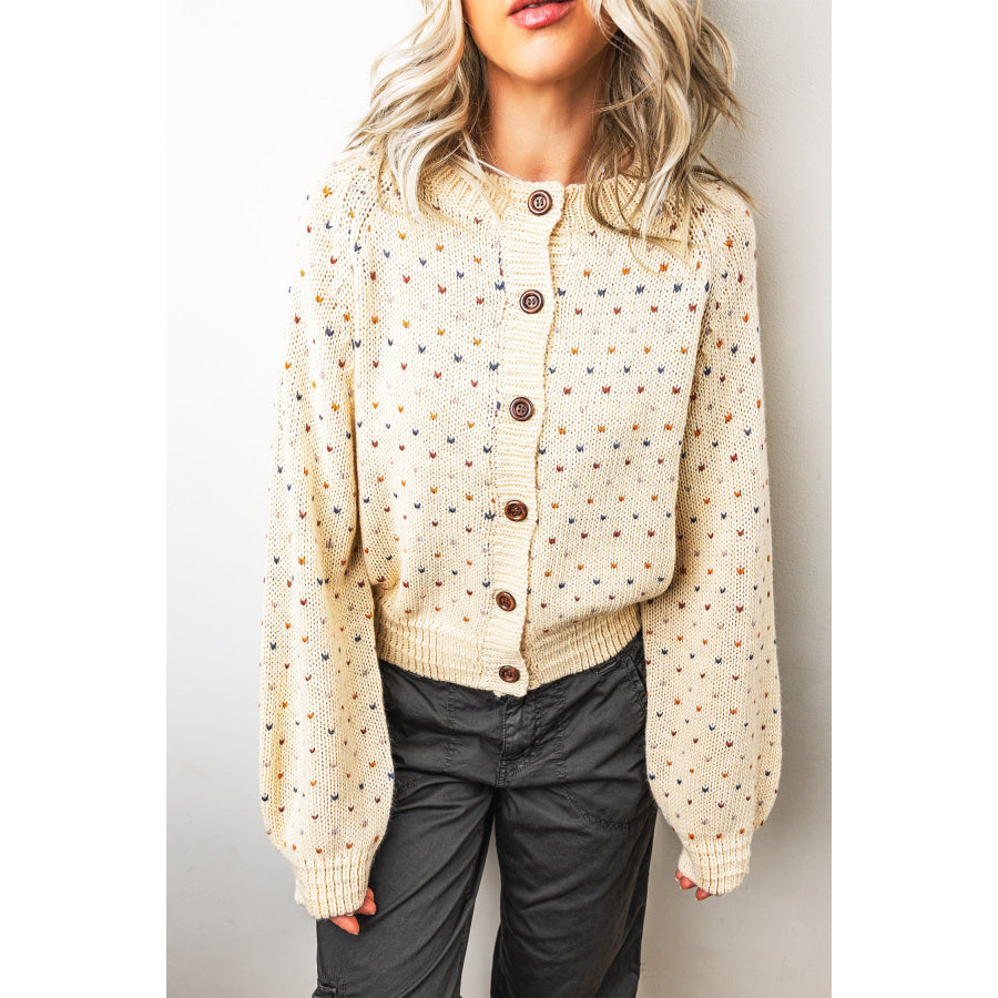 Beige Geometric Print Button Front Long Sleeve Regular Fit Cardigan Sweaters & Cardigans/Cardigans