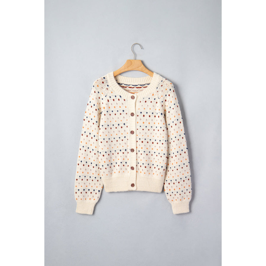 Beige Geometric Print Button Front Long Sleeve Regular Fit Cardigan Sweaters & Cardigans/Cardigans