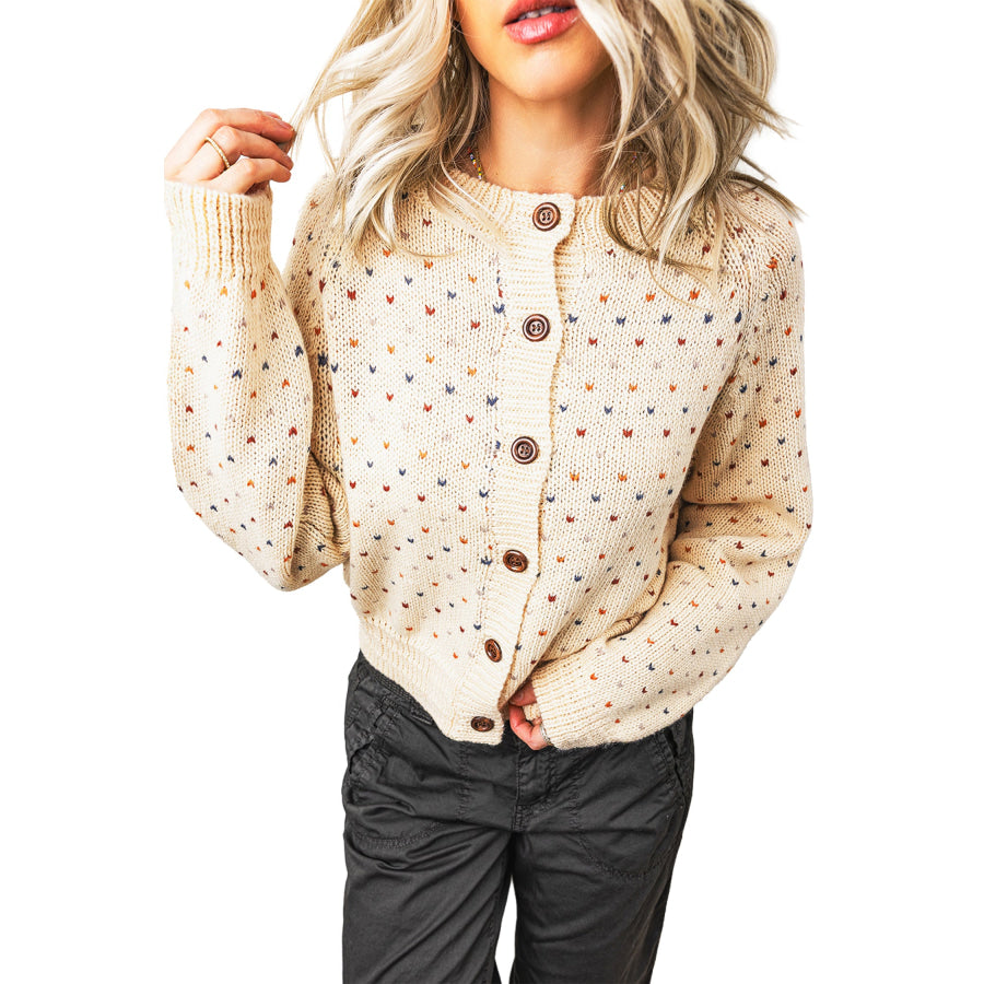 Beige Geometric Print Button Front Long Sleeve Regular Fit Cardigan Sweaters & Cardigans/Cardigans