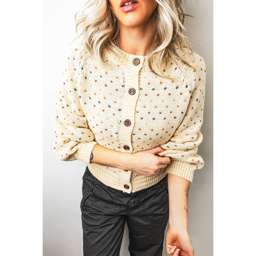 Beige Geometric Print Button Front Long Sleeve Regular Fit Cardigan Sweaters & Cardigans/Cardigans