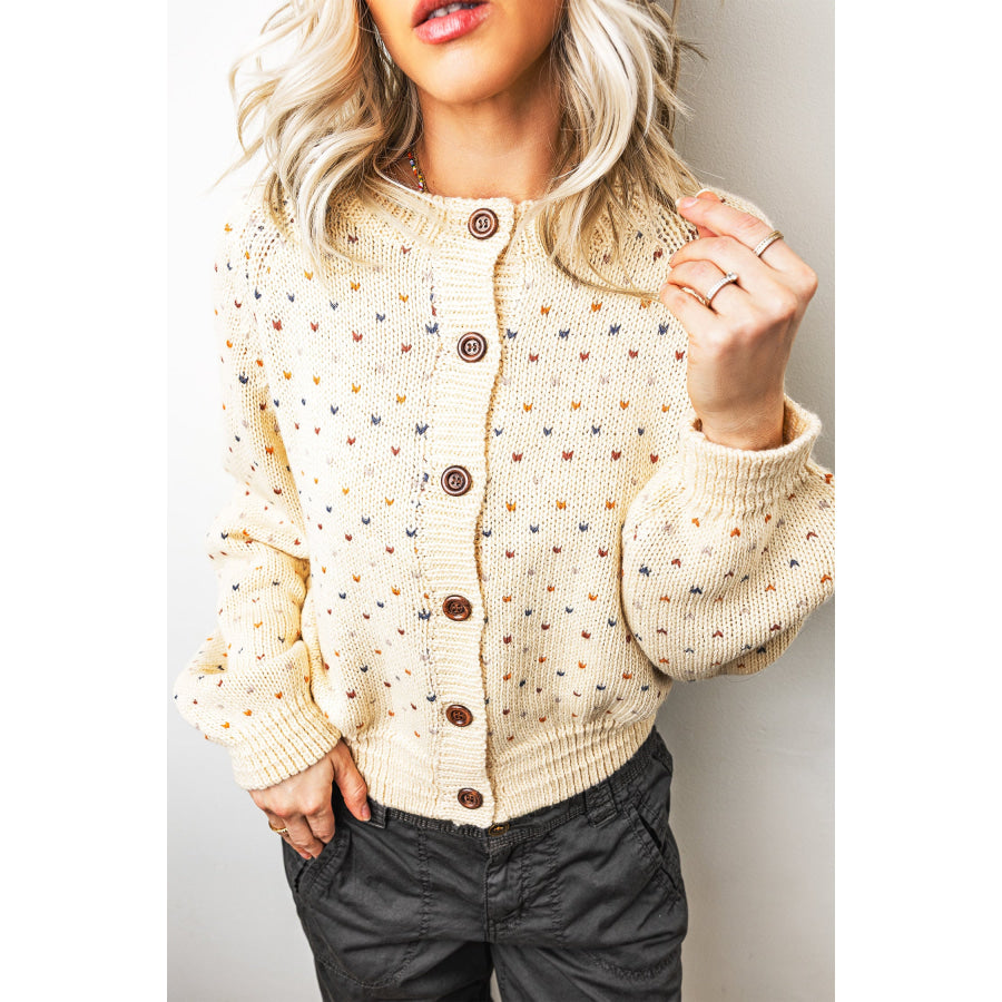 Beige Geometric Print Button Front Long Sleeve Regular Fit Cardigan Sweaters & Cardigans/Cardigans