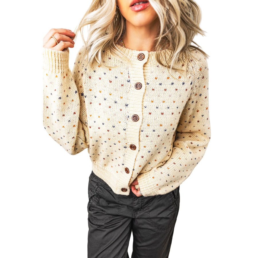 Beige Geometric Print Button Front Long Sleeve Regular Fit Cardigan Sweaters & Cardigans/Cardigans