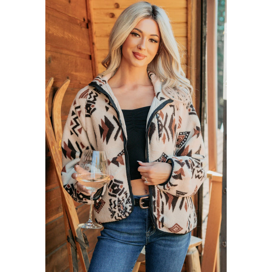 Beige Geometric Print Long Sleeve Shirt Collar Zip-up Placket Binding Tape Jacket Outerwear/Jackets
