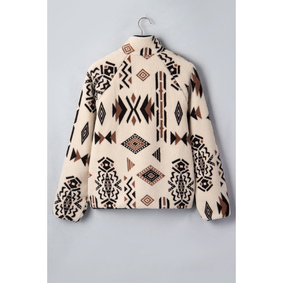 Beige Geometric Print Long Sleeve Shirt Collar Zip-up Placket Binding Tape Jacket Outerwear/Jackets