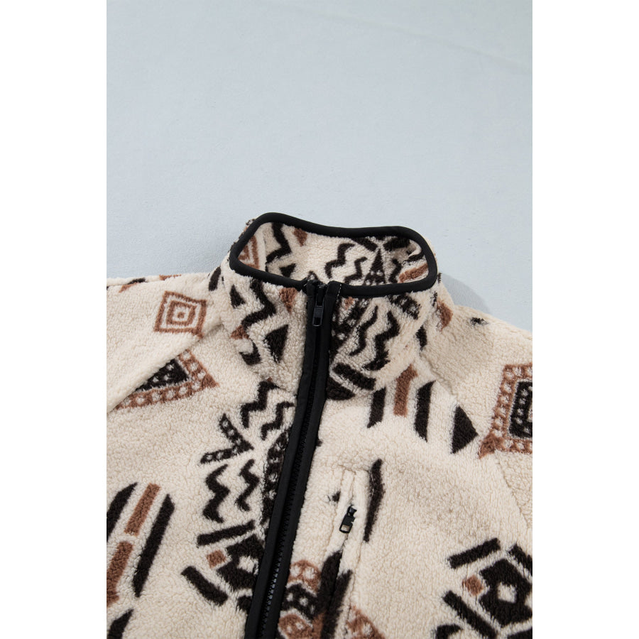 Beige Geometric Print Long Sleeve Shirt Collar Zip-up Placket Binding Tape Jacket Outerwear/Jackets