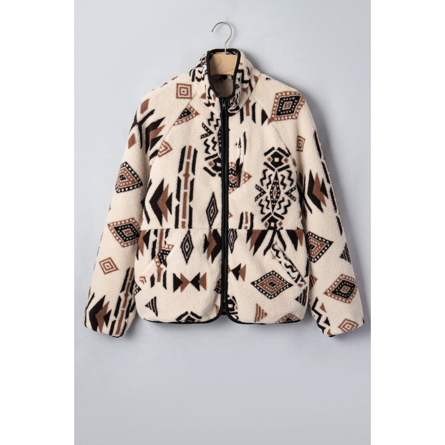 Beige Geometric Print Long Sleeve Shirt Collar Zip-up Placket Binding Tape Jacket Outerwear/Jackets