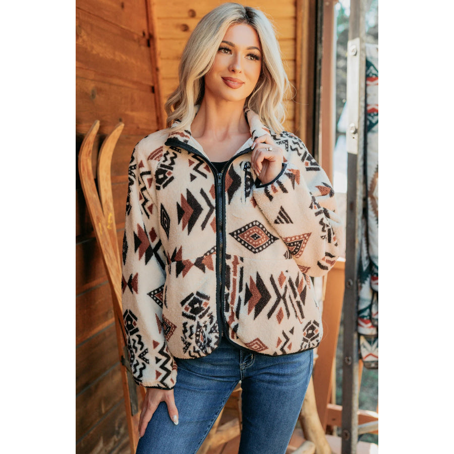 Beige Geometric Print Long Sleeve Shirt Collar Zip-up Placket Binding Tape Jacket Outerwear/Jackets
