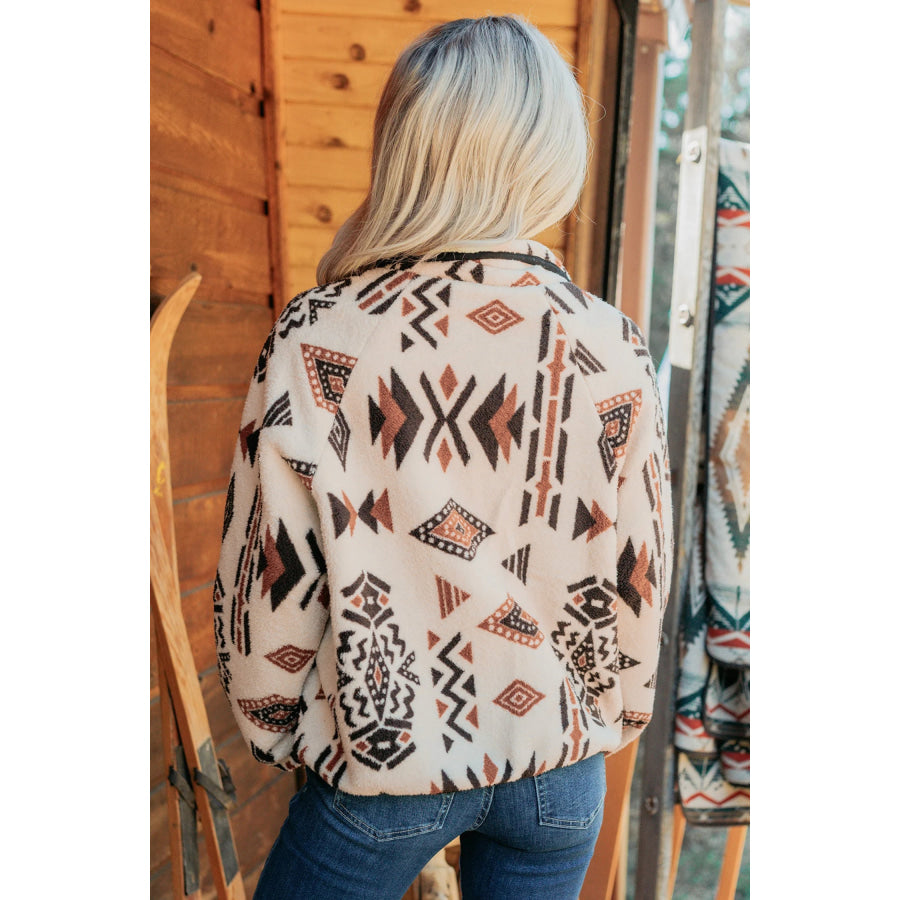 Beige Geometric Print Long Sleeve Shirt Collar Zip-up Placket Binding Tape Jacket Outerwear/Jackets