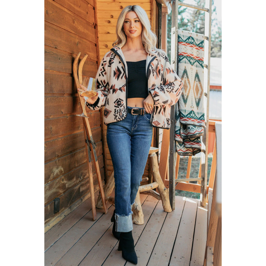 Beige Geometric Print Long Sleeve Shirt Collar Zip-up Placket Binding Tape Jacket Outerwear/Jackets