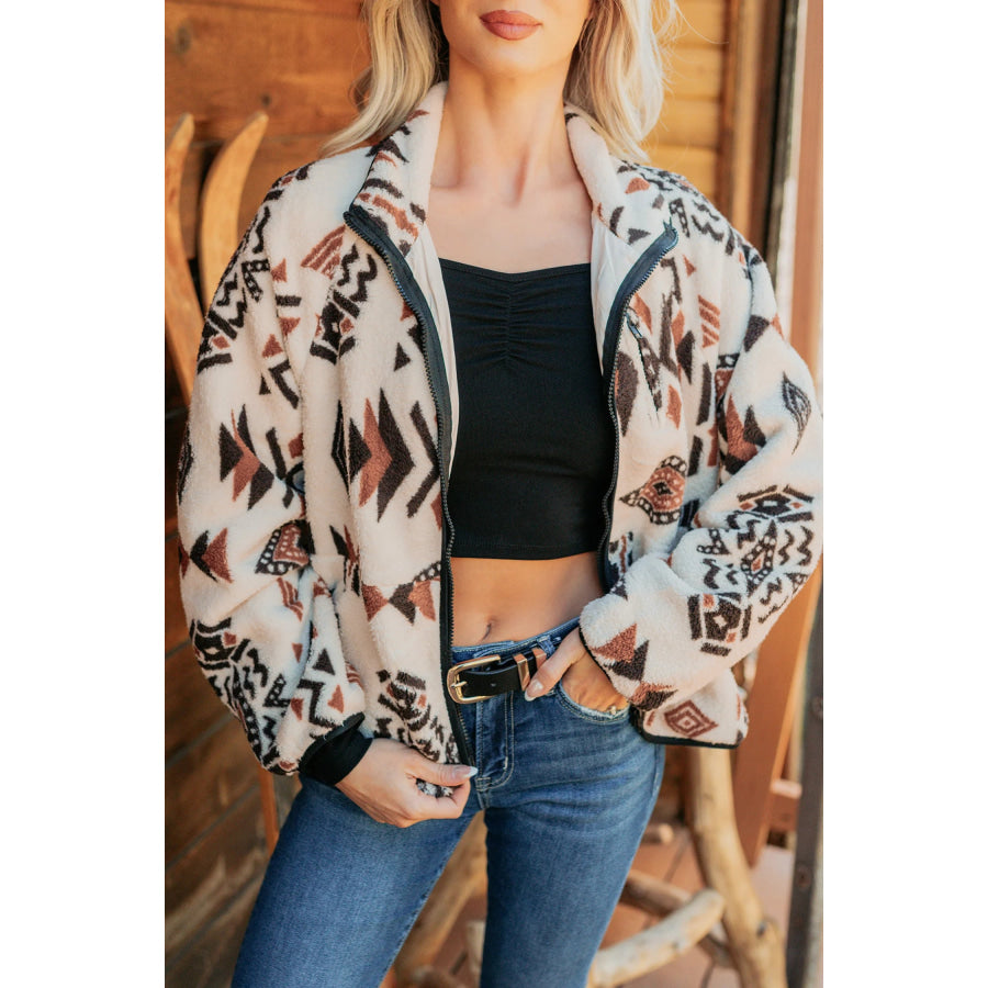 Beige Geometric Print Long Sleeve Shirt Collar Zip-up Placket Binding Tape Jacket Beige / S / Shell:100% Polyester + Lining:100% Polyester