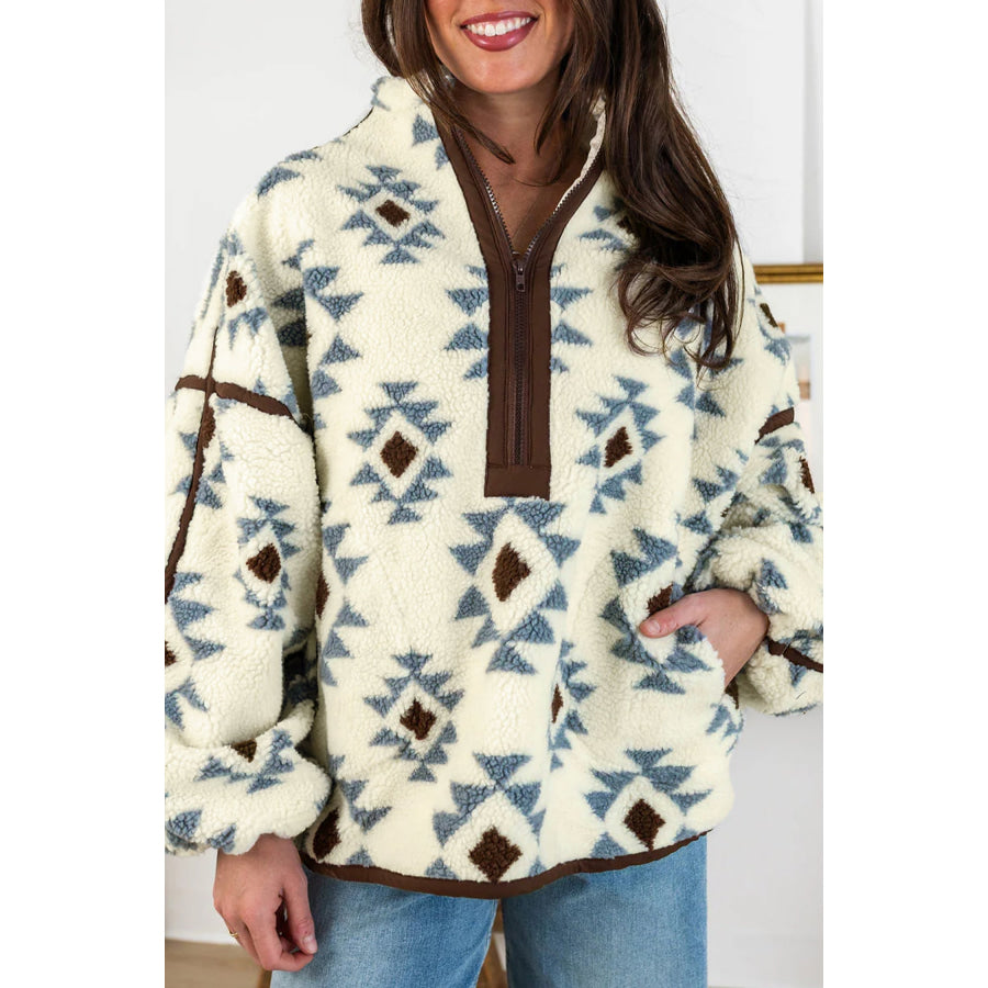 Beige Geometric Print Sherpa Western Style Long Sleeve Sweatshirt / S / Shell:100% Polyester + Lining:100% Polyester Tops/Sweatshirts &