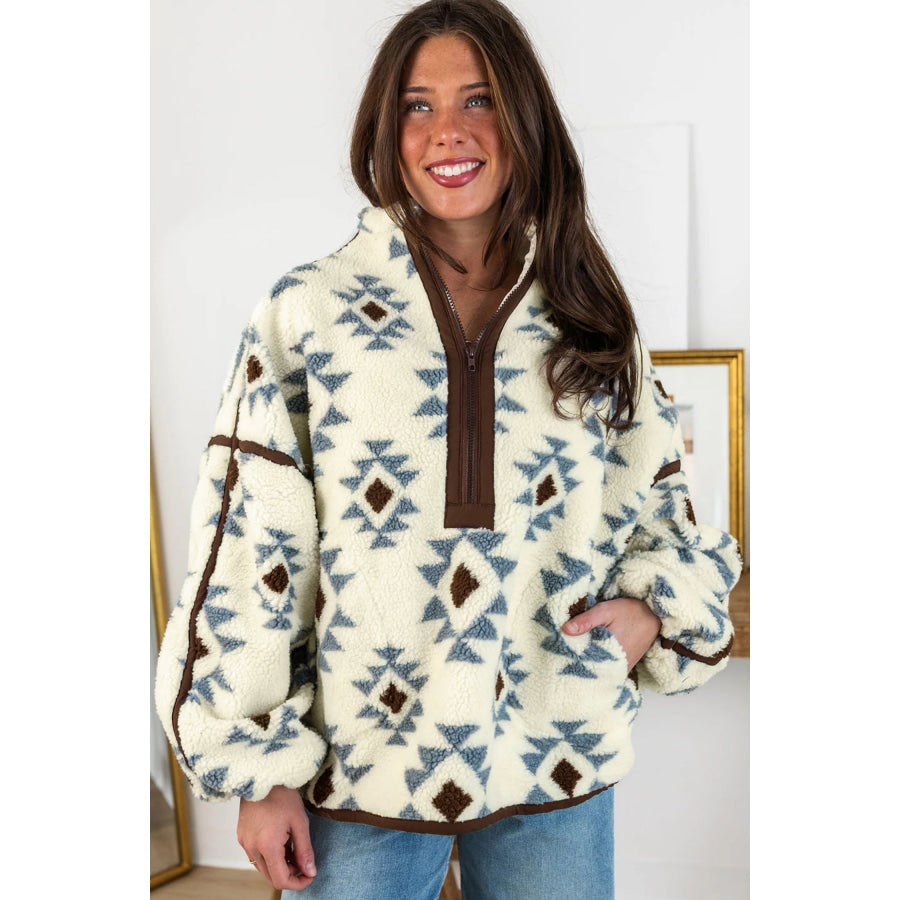 Beige Geometric Print Sherpa Western Style Long Sleeve Sweatshirt Tops/Sweatshirts & Hoodies