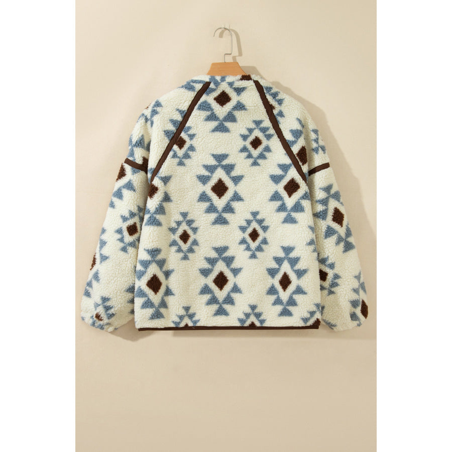Beige Geometric Print Sherpa Western Style Long Sleeve Sweatshirt Tops/Sweatshirts & Hoodies