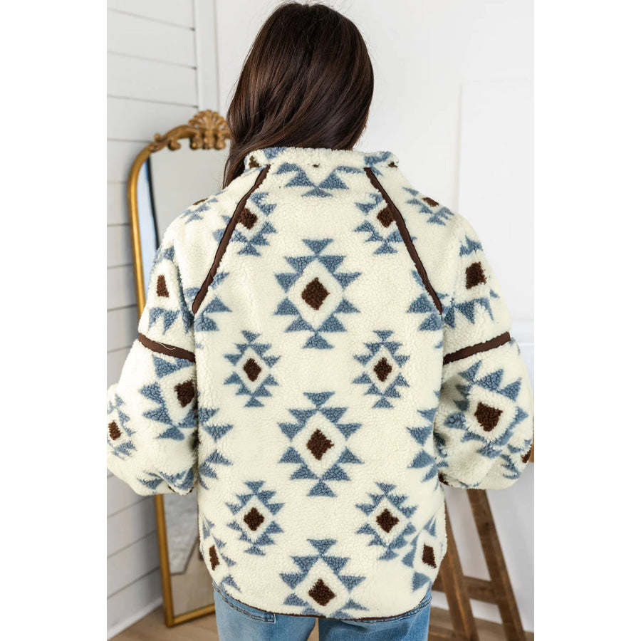 Beige Geometric Print Sherpa Western Style Long Sleeve Sweatshirt / S / Shell:100% Polyester + Lining:100% Polyester Tops/Sweatshirts &
