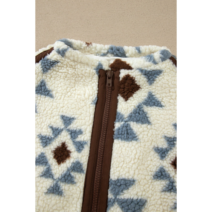 Beige Geometric Print Sherpa Western Style Long Sleeve Sweatshirt Tops/Sweatshirts & Hoodies