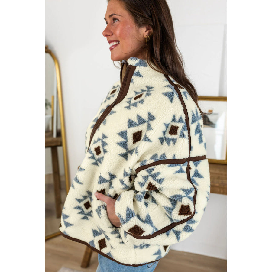 Beige Geometric Print Sherpa Western Style Long Sleeve Sweatshirt Tops/Sweatshirts & Hoodies