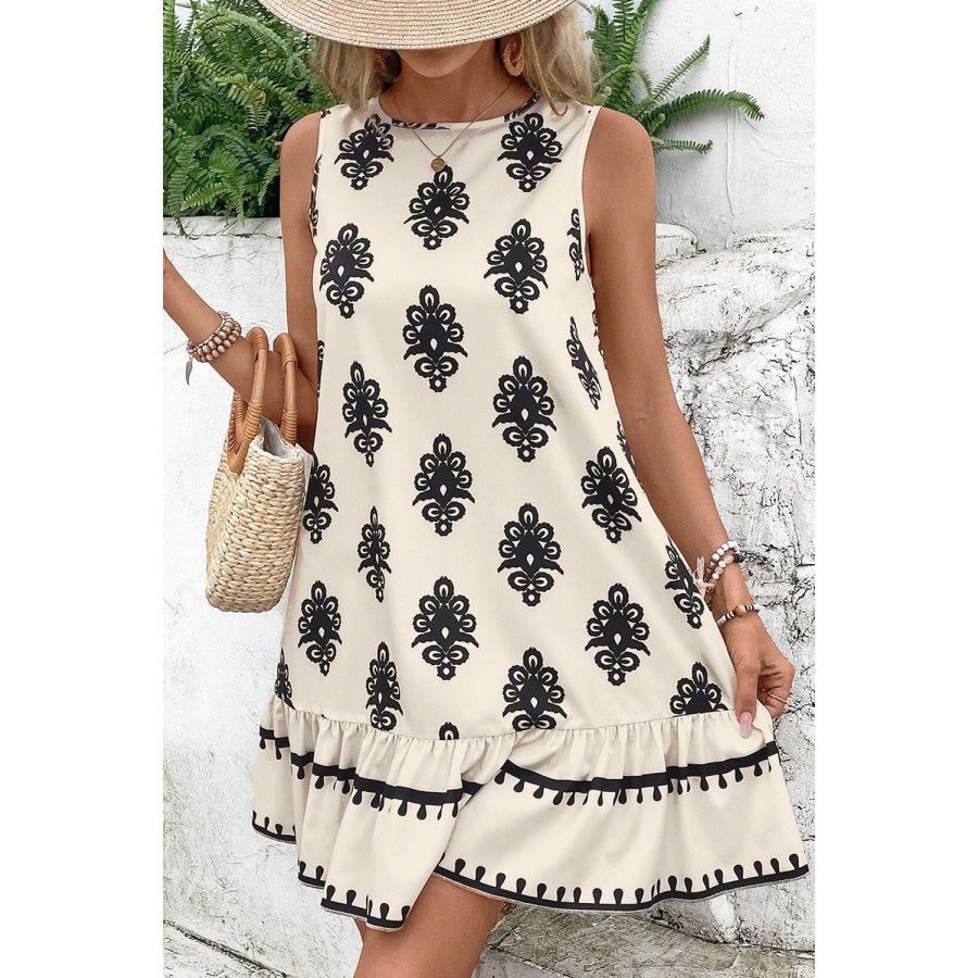 Beige Geometric Printed Sleeveless Hollowed Bowknot Back Mini Dress Dresses/Mini Dresses