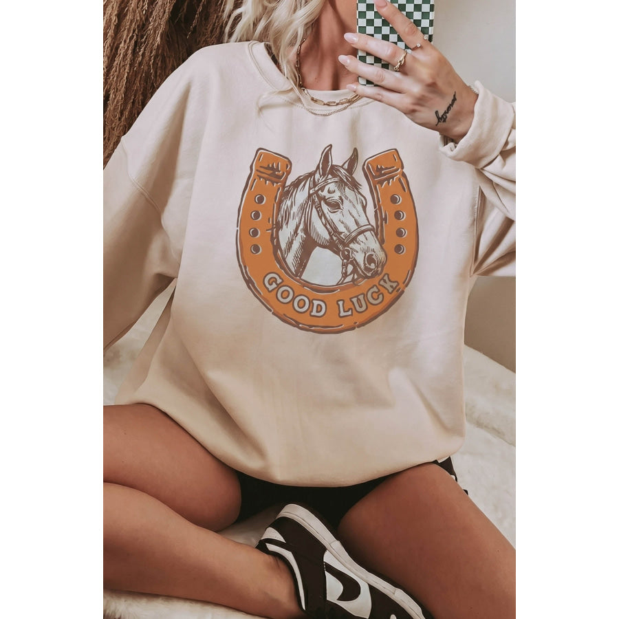Beige GOOD LUCK Western Horse Print Oversized Pullover Sweatshirt Beige / S / 50% Polyester + 50% Cotton Tops/Sweatshirts & Hoodies