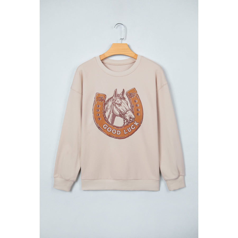 Beige GOOD LUCK Western Horse Print Oversized Pullover Sweatshirt Tops/Sweatshirts & Hoodies