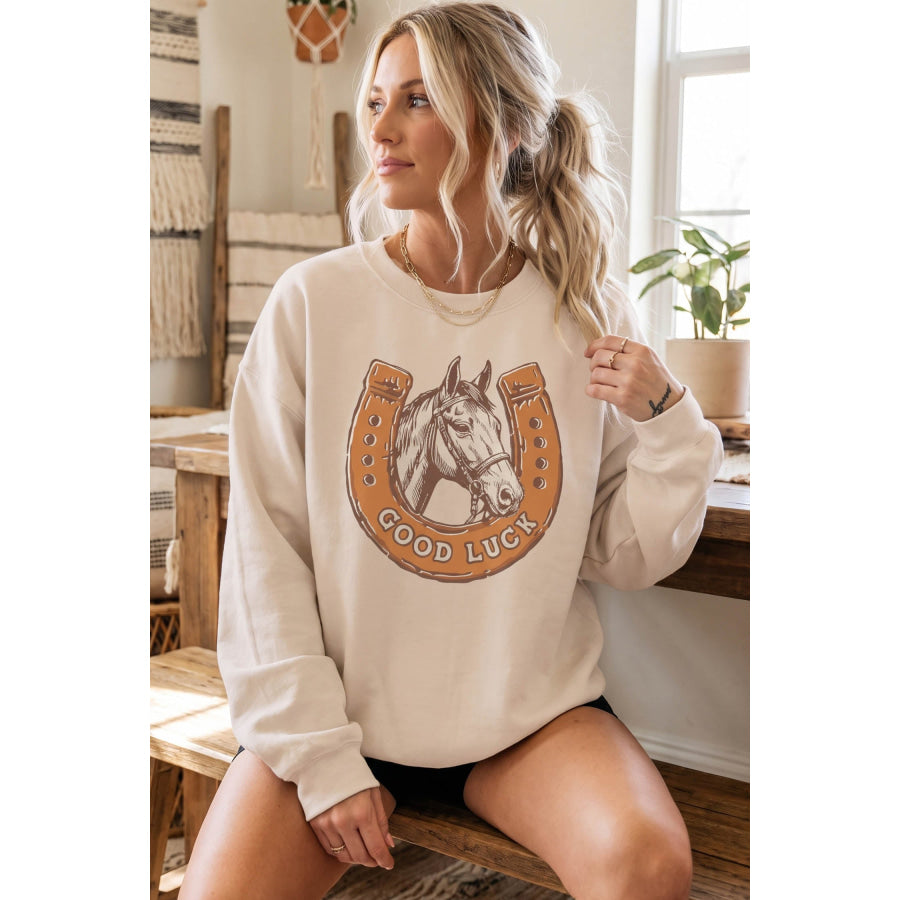Beige GOOD LUCK Western Horse Print Oversized Pullover Sweatshirt Tops/Sweatshirts & Hoodies