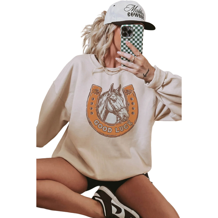 Beige GOOD LUCK Western Horse Print Oversized Pullover Sweatshirt Tops/Sweatshirts & Hoodies