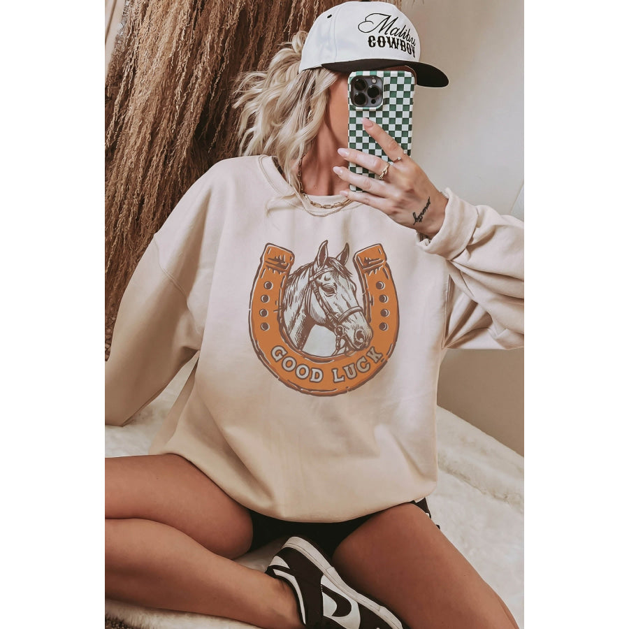 Beige GOOD LUCK Western Horse Print Oversized Pullover Sweatshirt Tops/Sweatshirts & Hoodies