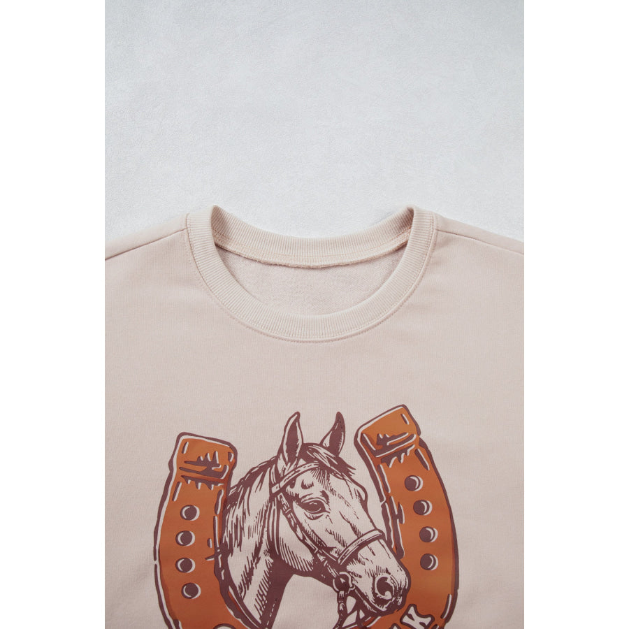 Beige GOOD LUCK Western Horse Print Oversized Pullover Sweatshirt Tops/Sweatshirts & Hoodies