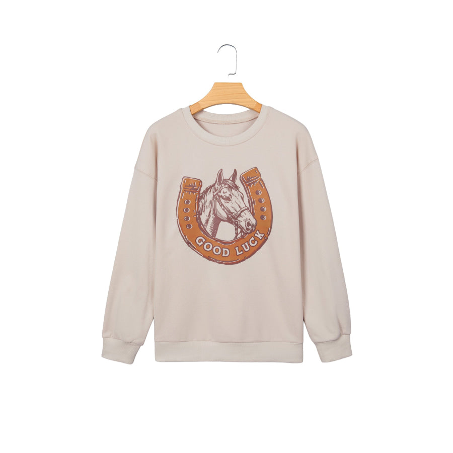 Beige GOOD LUCK Western Horse Print Oversized Pullover Sweatshirt Tops/Sweatshirts & Hoodies