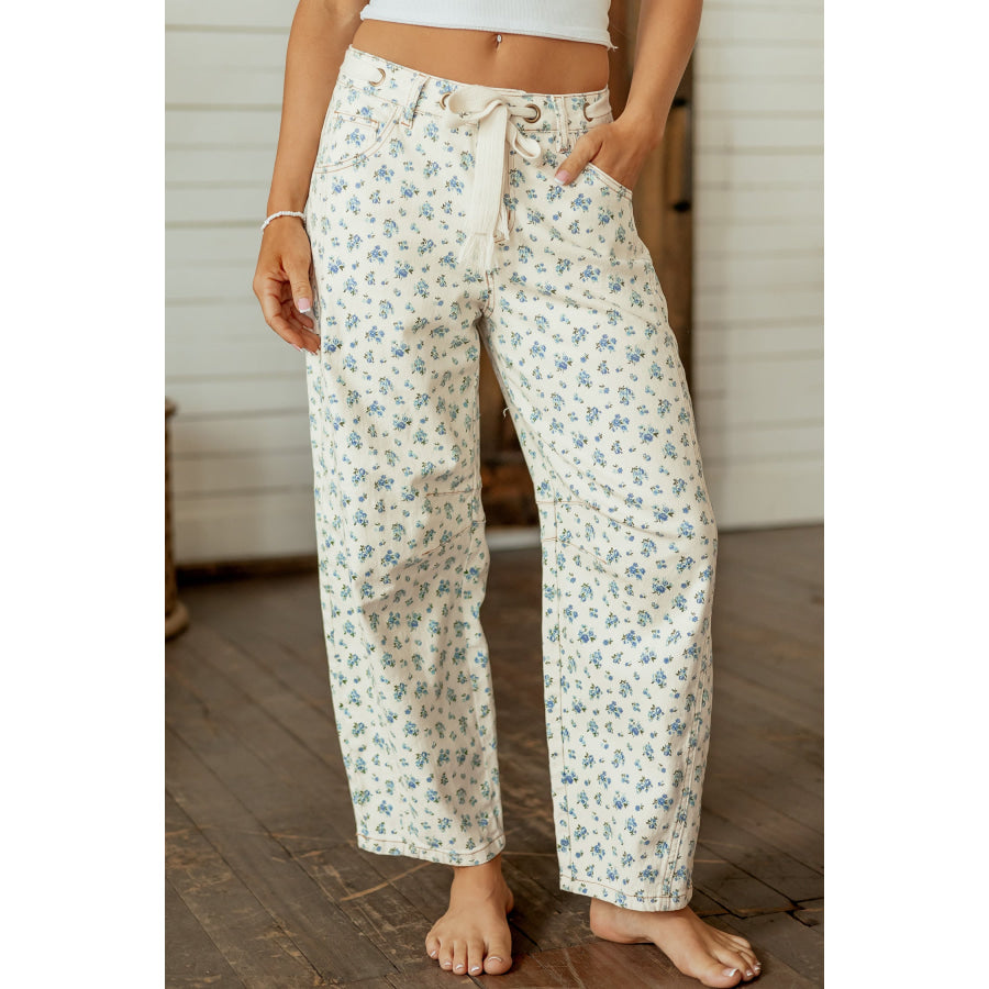 Beige Grommet Knot Waist Floral Barrel Leg Jeans Bottoms/Jeans