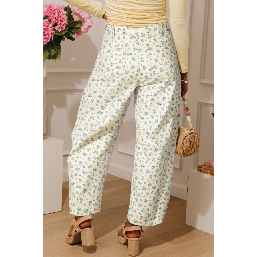 Beige Grommet Knot Waist Floral Barrel Leg Jeans Beige / 4 Bottoms/Jeans