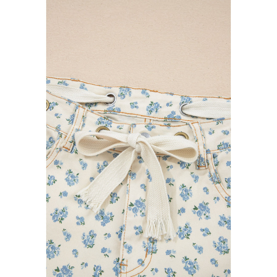 Beige Grommet Knot Waist Floral Barrel Leg Jeans Bottoms/Jeans
