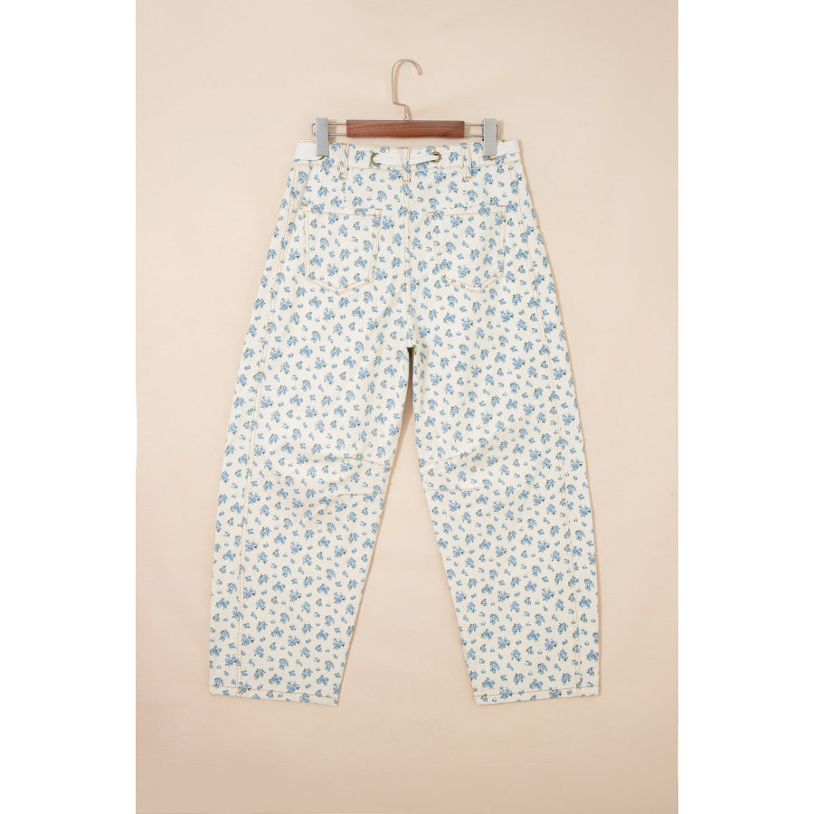 Beige Grommet Knot Waist Floral Barrel Leg Jeans Bottoms/Jeans