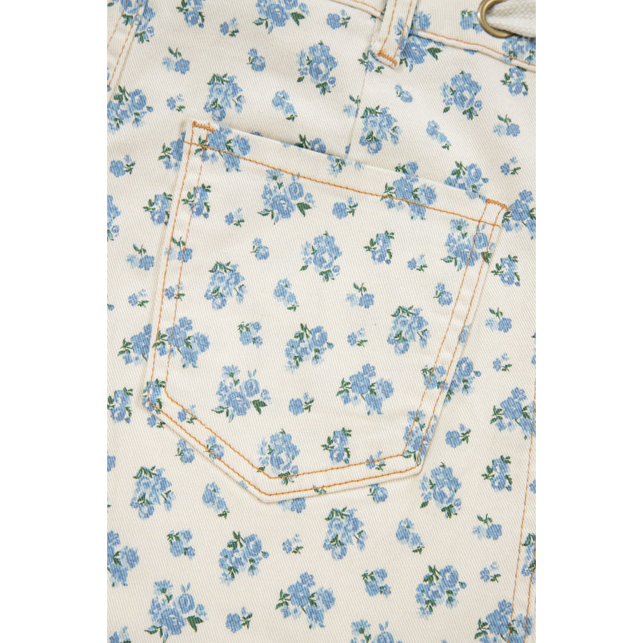 Beige Grommet Knot Waist Floral Barrel Leg Jeans Bottoms/Jeans