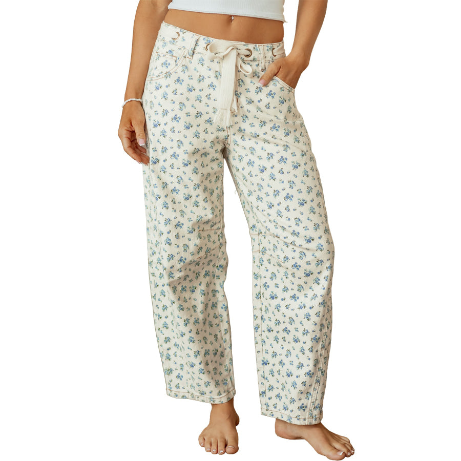 Beige Grommet Knot Waist Floral Barrel Leg Jeans Bottoms/Jeans