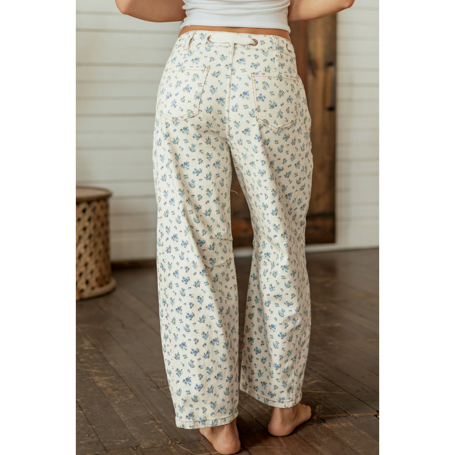 Beige Grommet Knot Waist Floral Barrel Leg Jeans Bottoms/Jeans