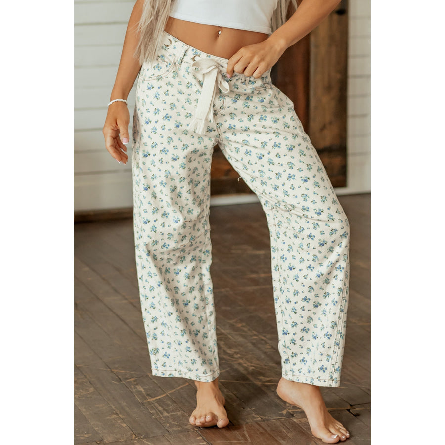 Beige Grommet Knot Waist Floral Barrel Leg Jeans Bottoms/Jeans