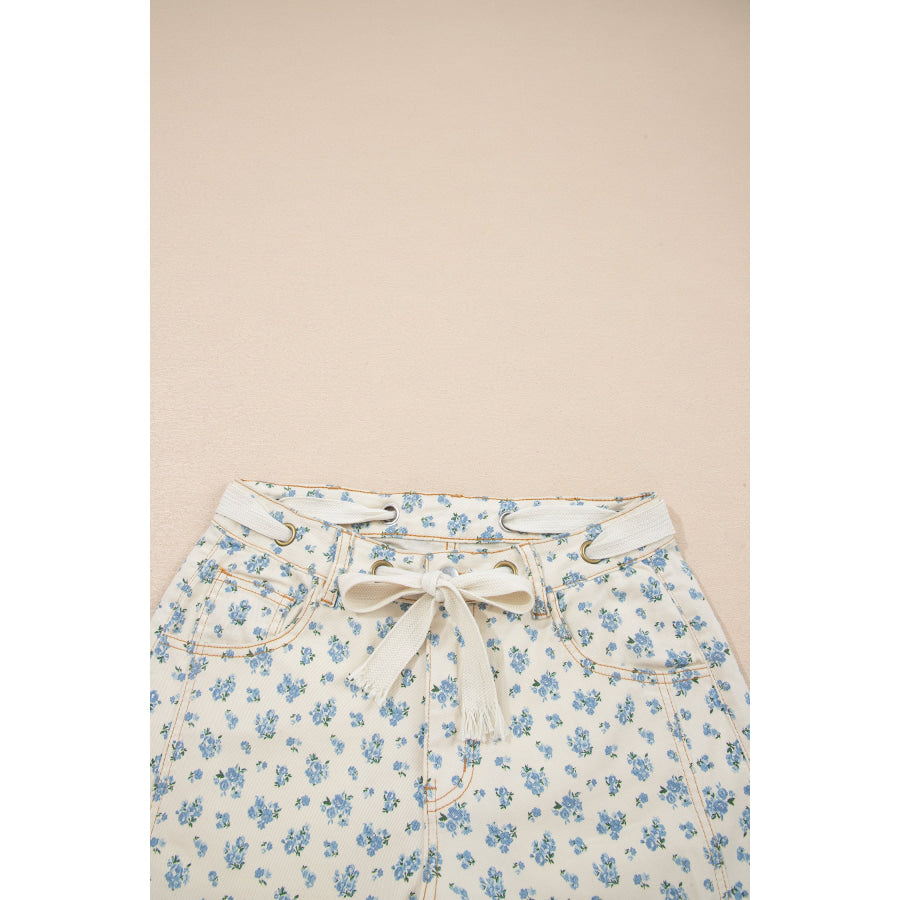 Beige Grommet Knot Waist Floral Barrel Leg Jeans Bottoms/Jeans
