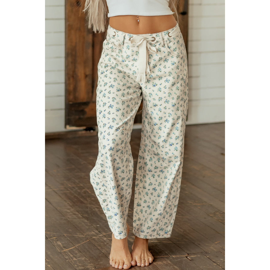 Beige Grommet Knot Waist Floral Barrel Leg Jeans Bottoms/Jeans
