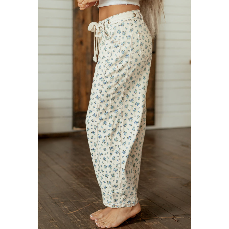 Beige Grommet Knot Waist Floral Barrel Leg Jeans Bottoms/Jeans
