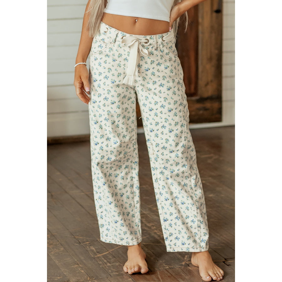 Beige Grommet Knot Waist Floral Barrel Leg Jeans Bottoms/Jeans