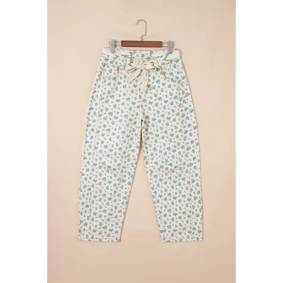 Beige Grommet Knot Waist Floral Barrel Leg Jeans Bottoms/Jeans