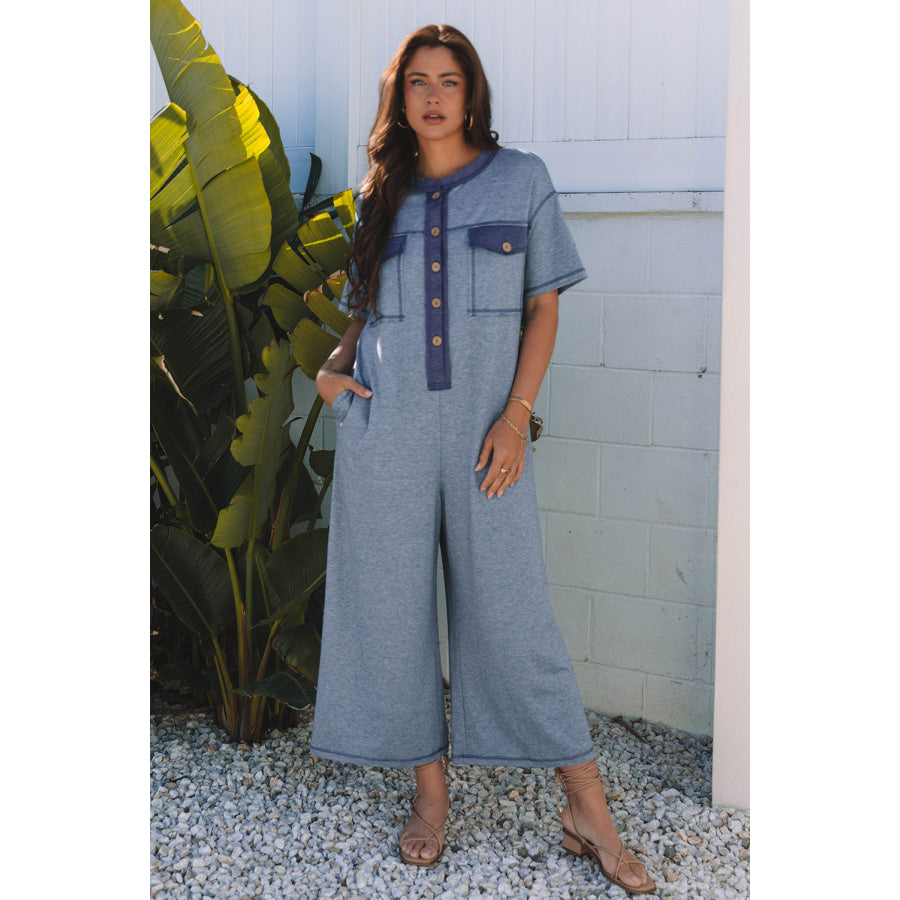 Beige Half Placket Chest Pockets Short Sleeve Wide Leg Jumpsuit Beau Blue / S / 65% Cotton + 33% Polyester + 2% Elastane Bottoms/Jumpsuits