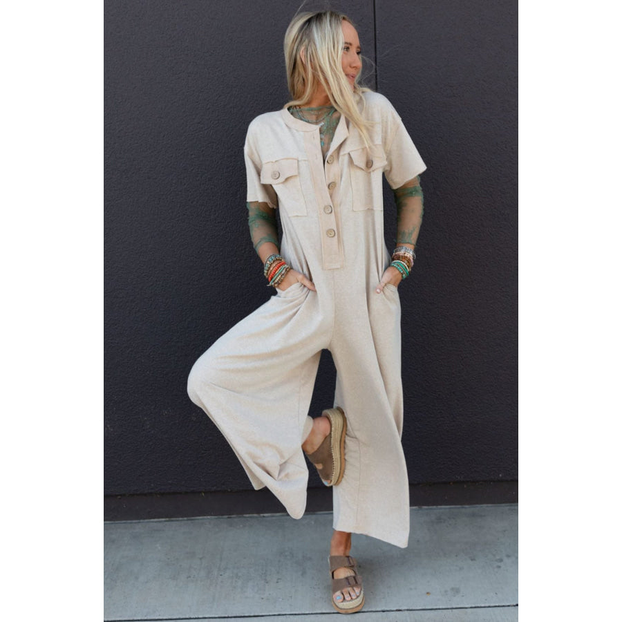 Beige Half Placket Chest Pockets Short Sleeve Wide Leg Jumpsuit Bottoms/Jumpsuits & Rompers